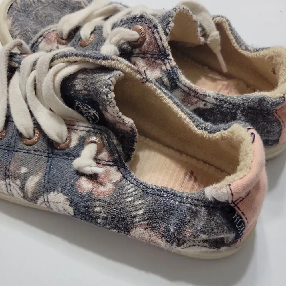 Roxy Flat Girls 1 Kids Shoes Superstar Black White Floral Originals Lace Up Pull